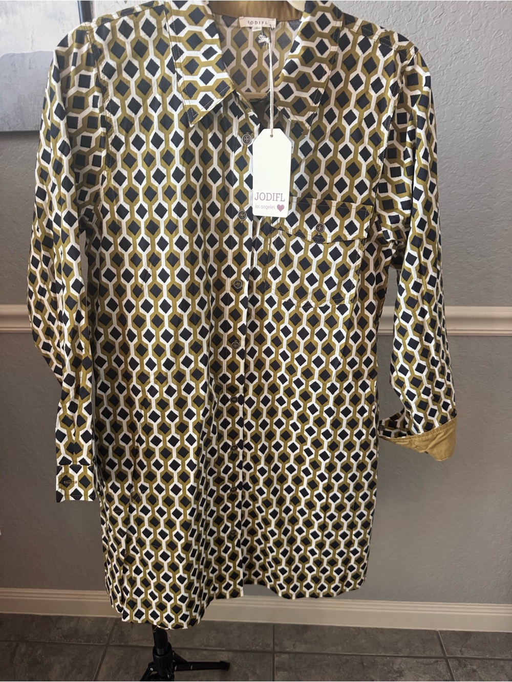 JODIFL Girls' Geo Print Shift Dress in Olive Green, Black and Cream